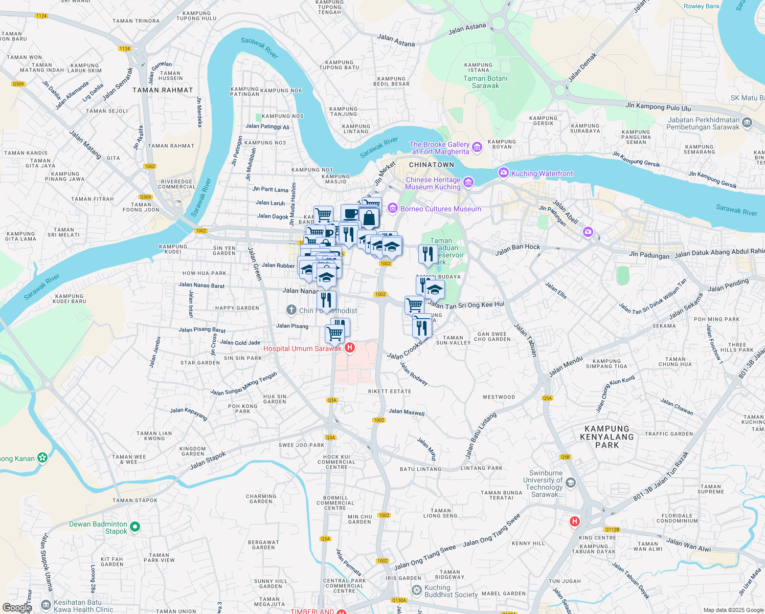 map of restaurants, bars, coffee shops, grocery stores, and more near Jalan Tun Abang Haji Openg in Kuching