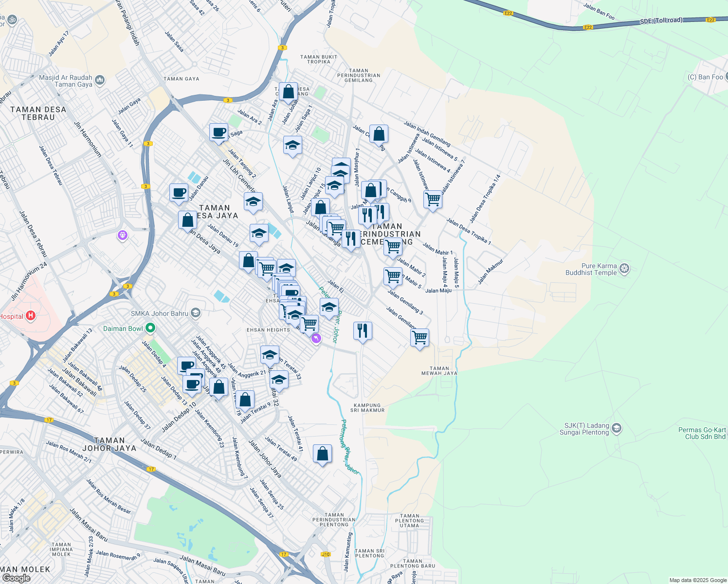map of restaurants, bars, coffee shops, grocery stores, and more near Jalan EJ 5/10 in Johor Bahru