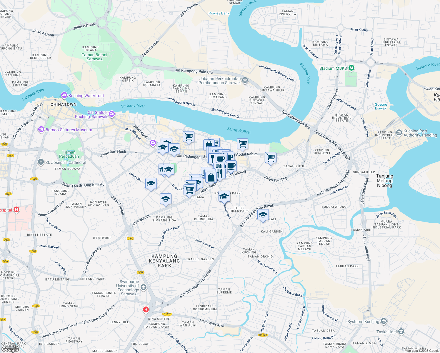 map of restaurants, bars, coffee shops, grocery stores, and more near 42 Jalan Pending in Kuching