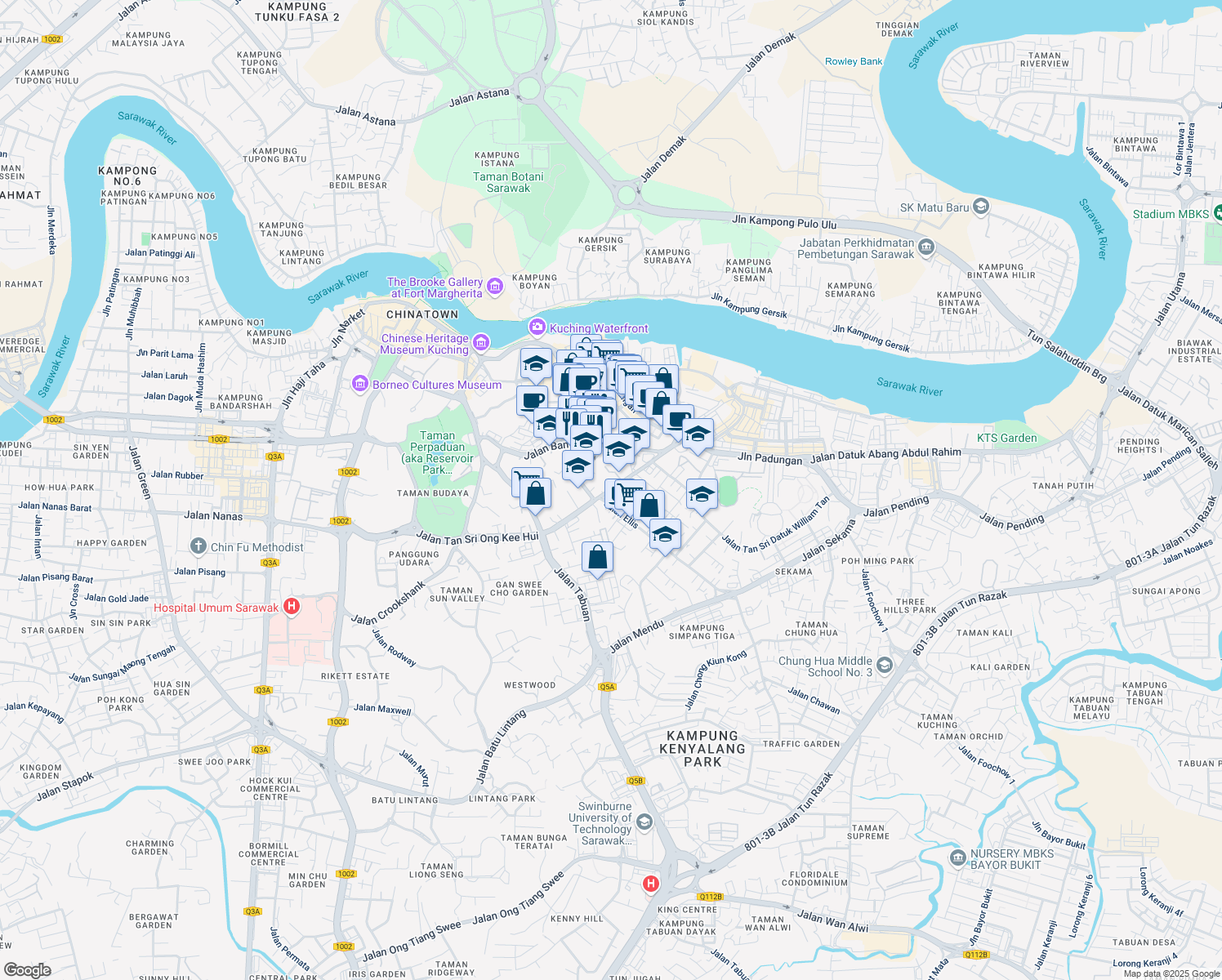 map of restaurants, bars, coffee shops, grocery stores, and more near Jalan Central Timur in Kuching