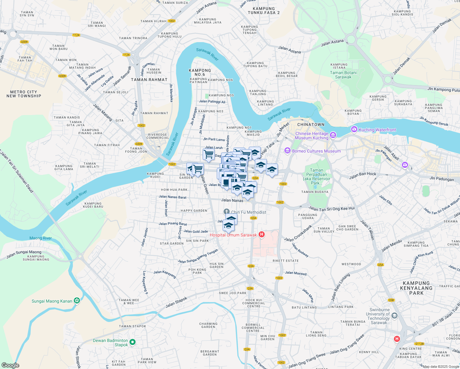 map of restaurants, bars, coffee shops, grocery stores, and more near Jalan Rubber & Lorong Rubber 10 in Kuching