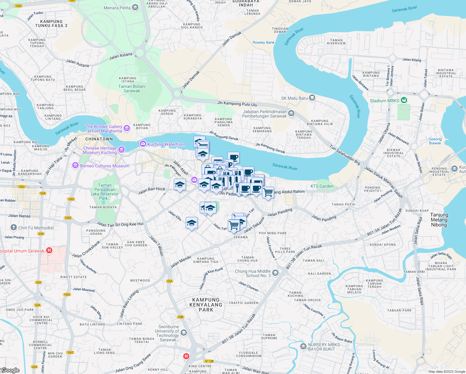 map of restaurants, bars, coffee shops, grocery stores, and more near Jalan Ang Cheng Ho in Kuching
