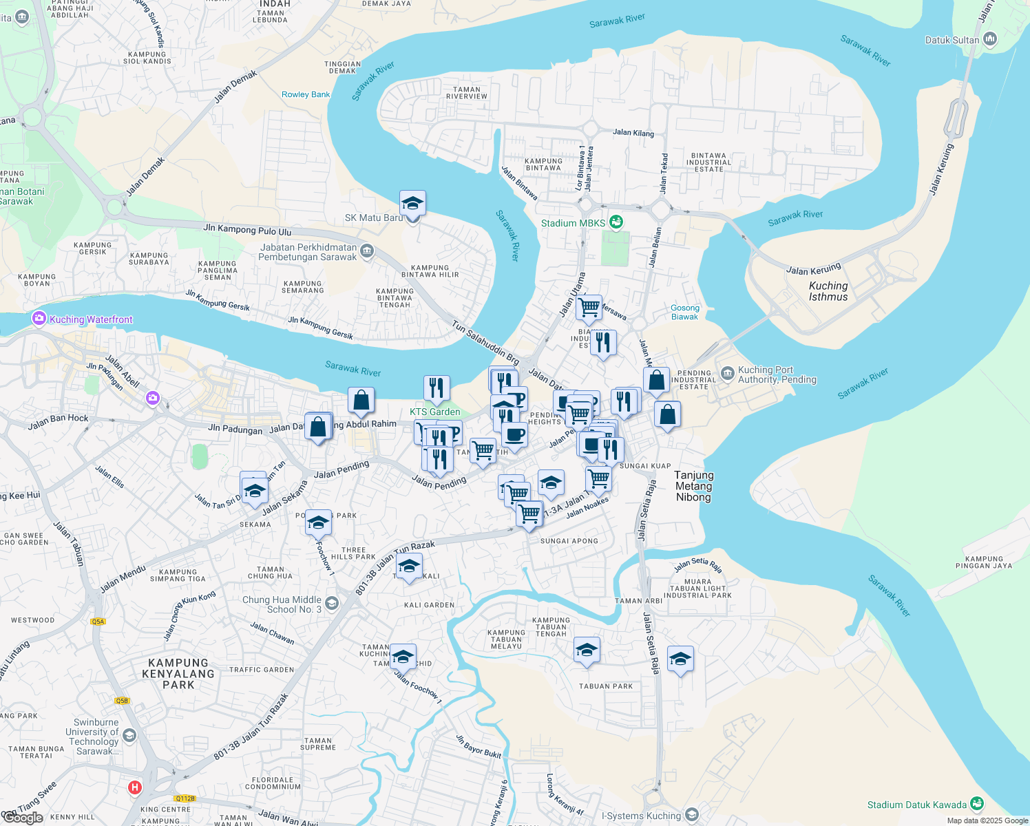 map of restaurants, bars, coffee shops, grocery stores, and more near Jalan Kwong Lee Bank in Kuching