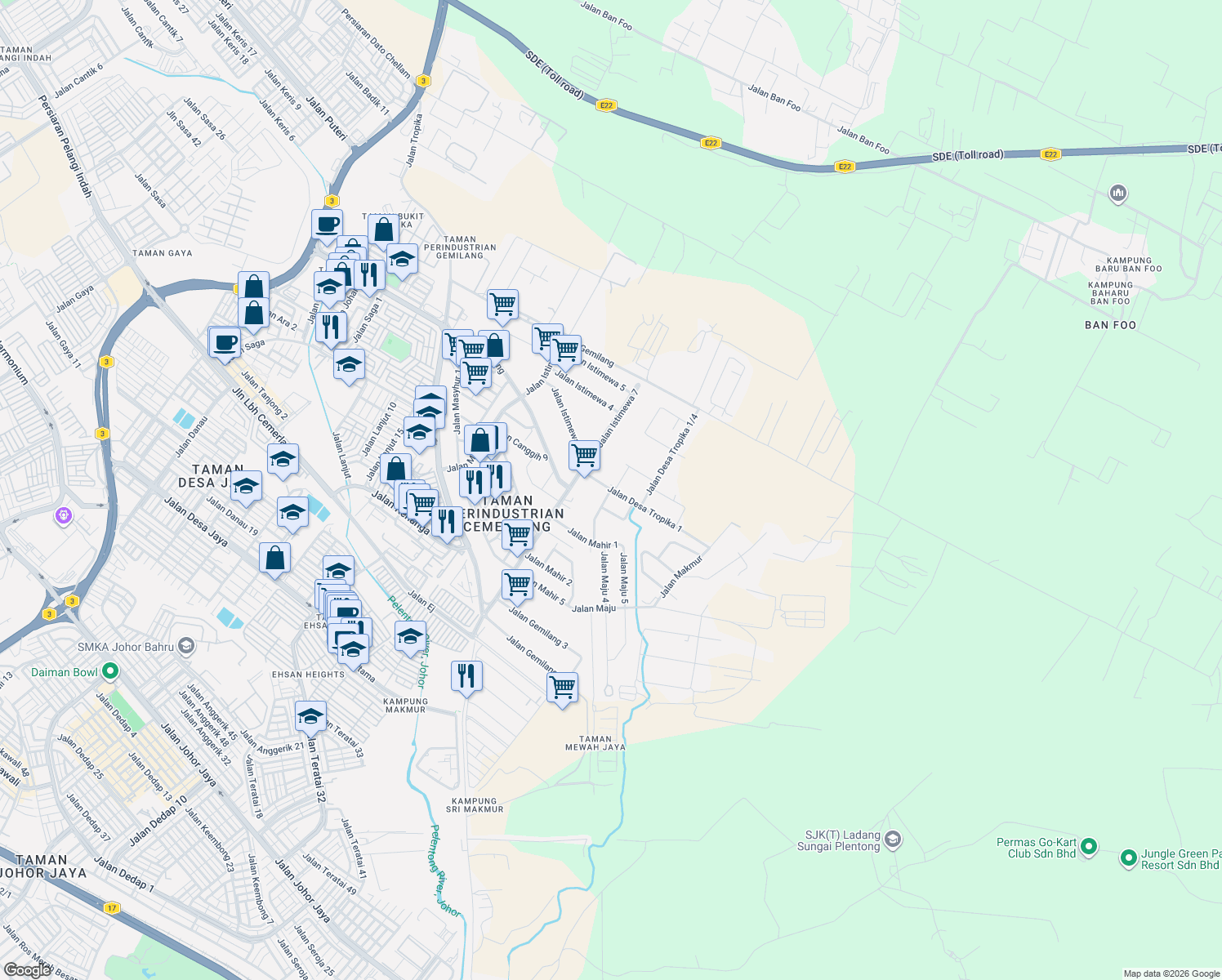 map of restaurants, bars, coffee shops, grocery stores, and more near Jalan Desa Tropika 1 in Ulu Tiram