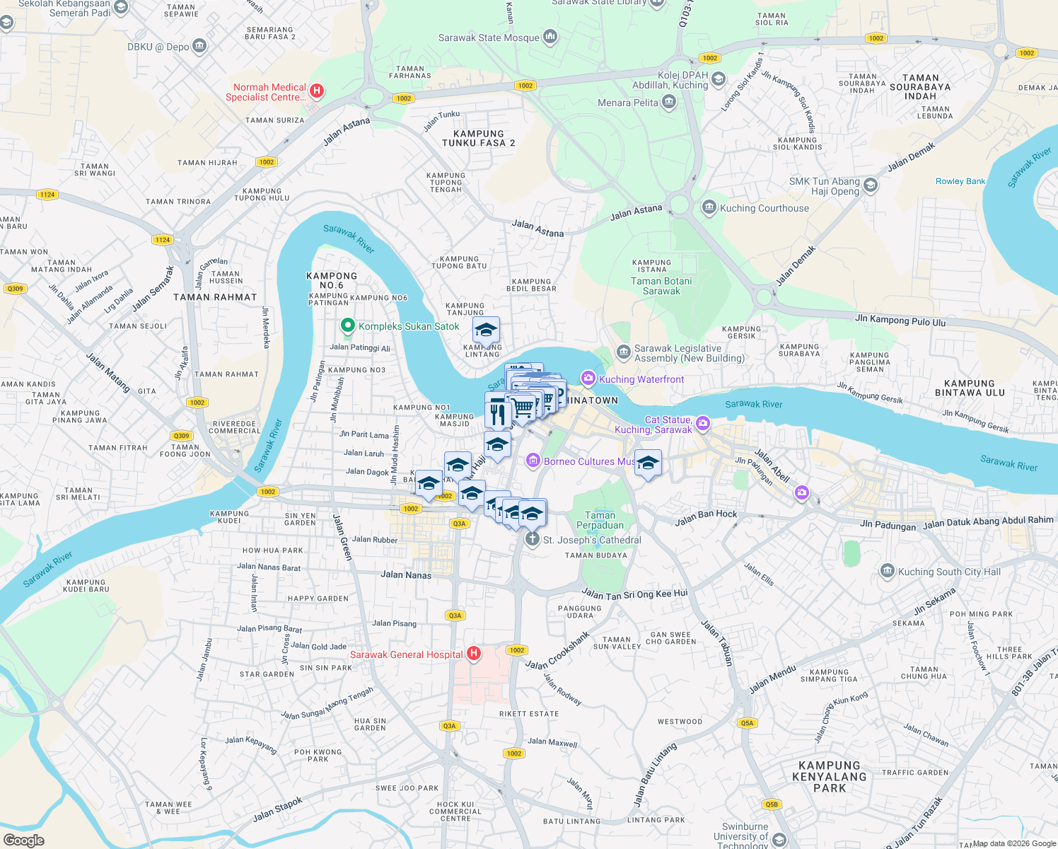 map of restaurants, bars, coffee shops, grocery stores, and more near 8 Jalan Gartak in Kuching