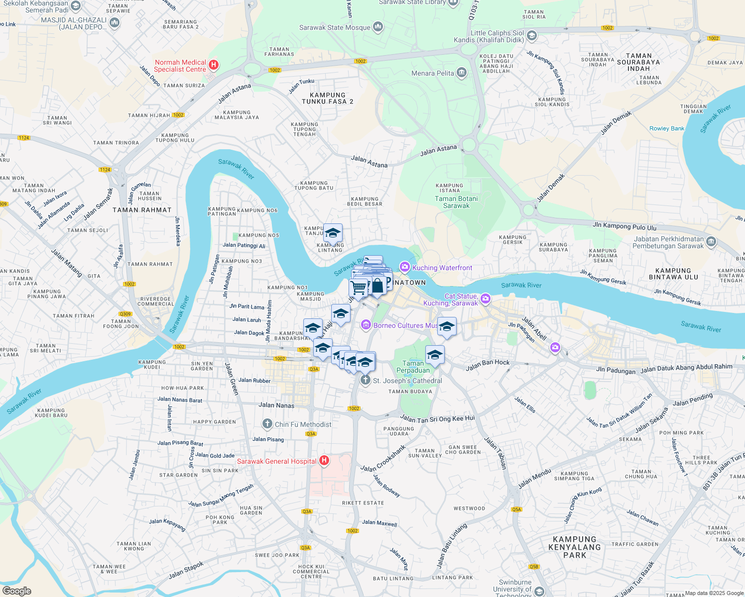 map of restaurants, bars, coffee shops, grocery stores, and more near 24 Jalan Khoo Hun Yeang in Kuching