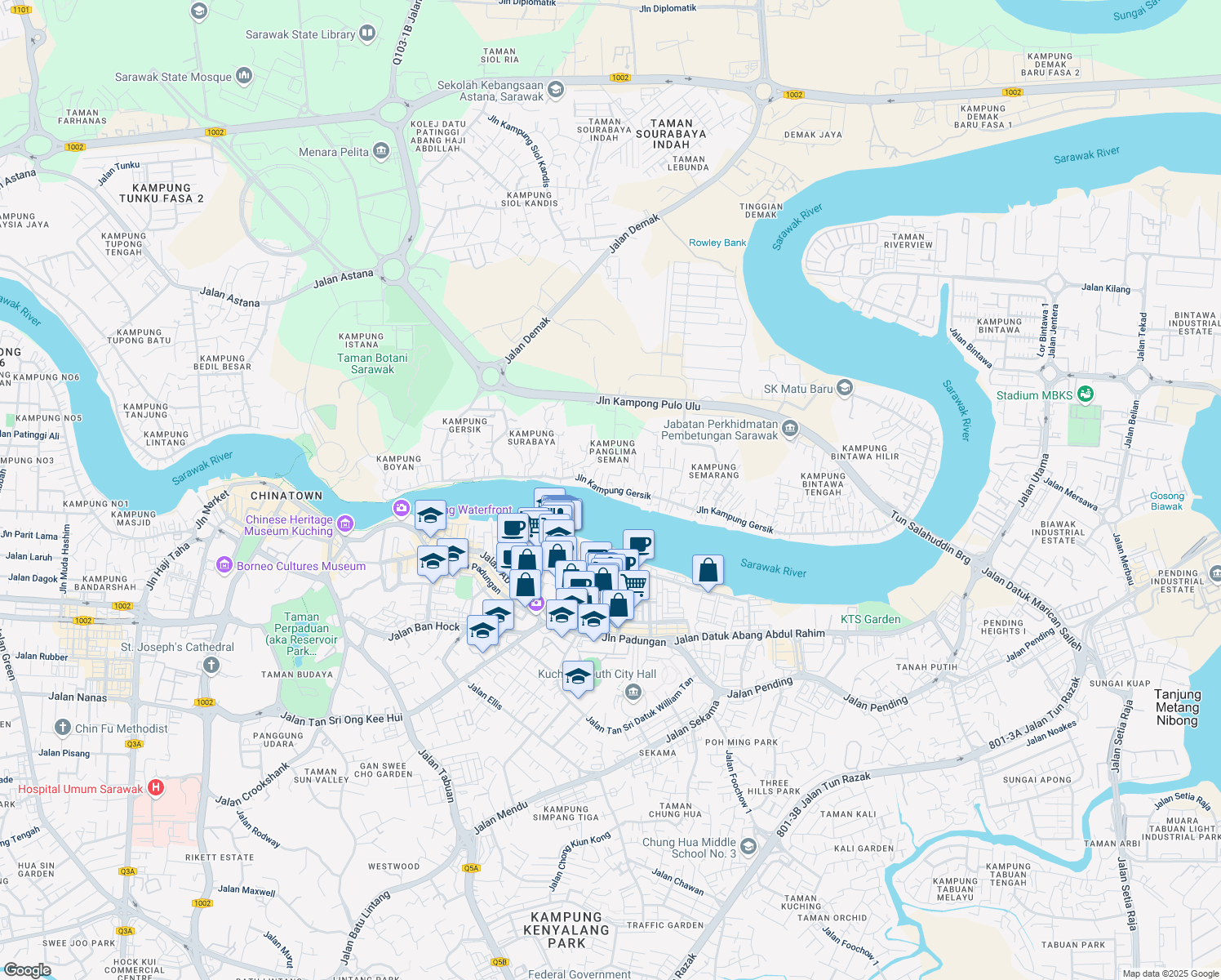 map of restaurants, bars, coffee shops, grocery stores, and more near Jalan Brooke in Kuching