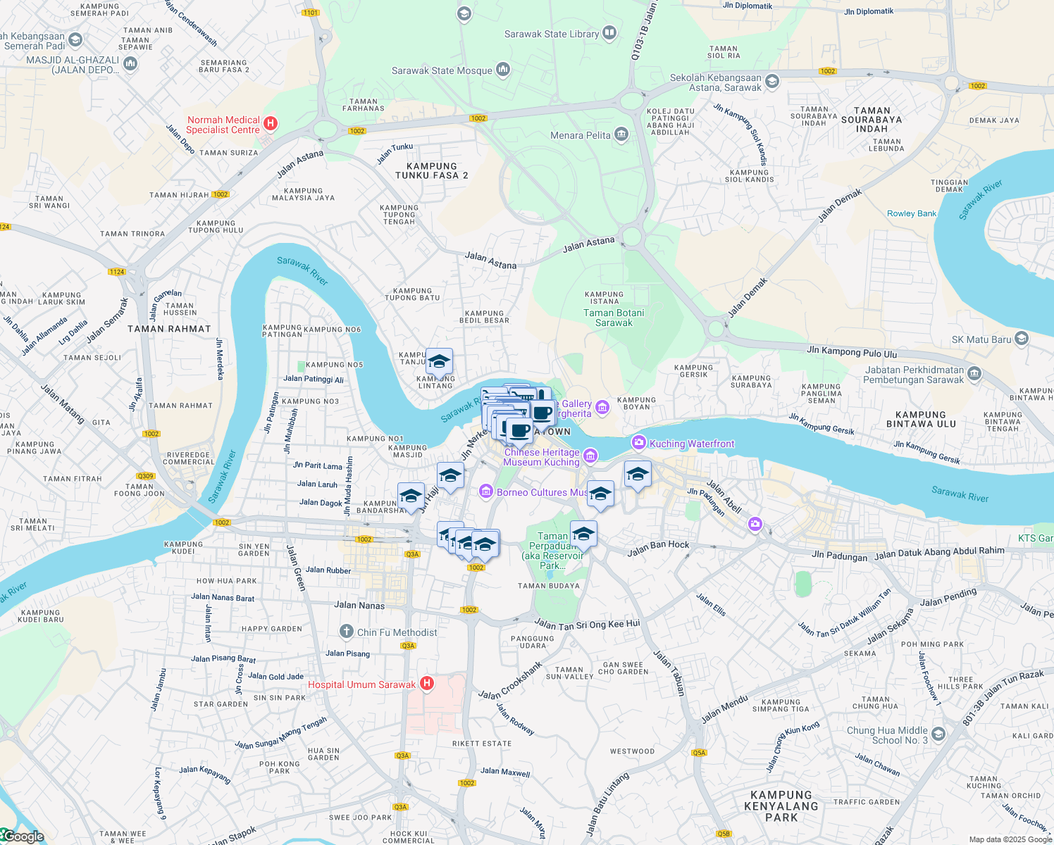 map of restaurants, bars, coffee shops, grocery stores, and more near 2 Jalan Gambir in Kuching