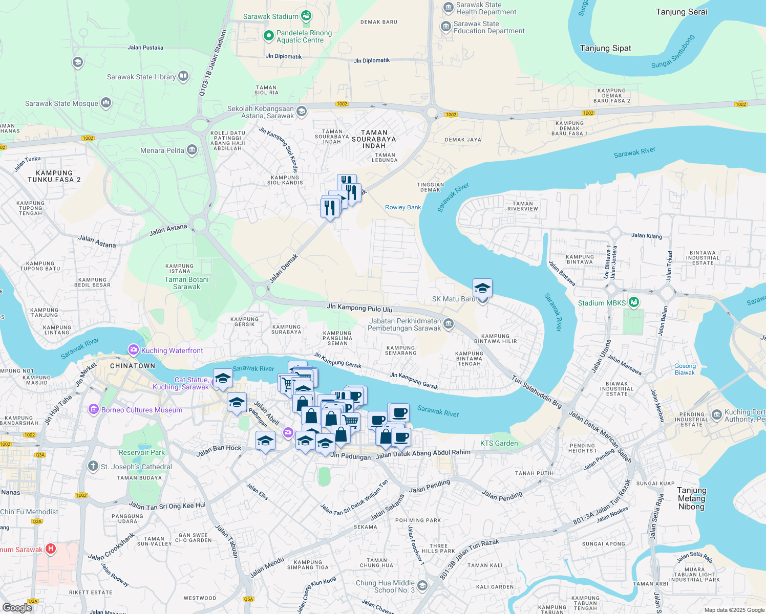 map of restaurants, bars, coffee shops, grocery stores, and more near Jalan Tun Datuk Patinggi Abang Haji Muhammad Salahuddin in Kuching