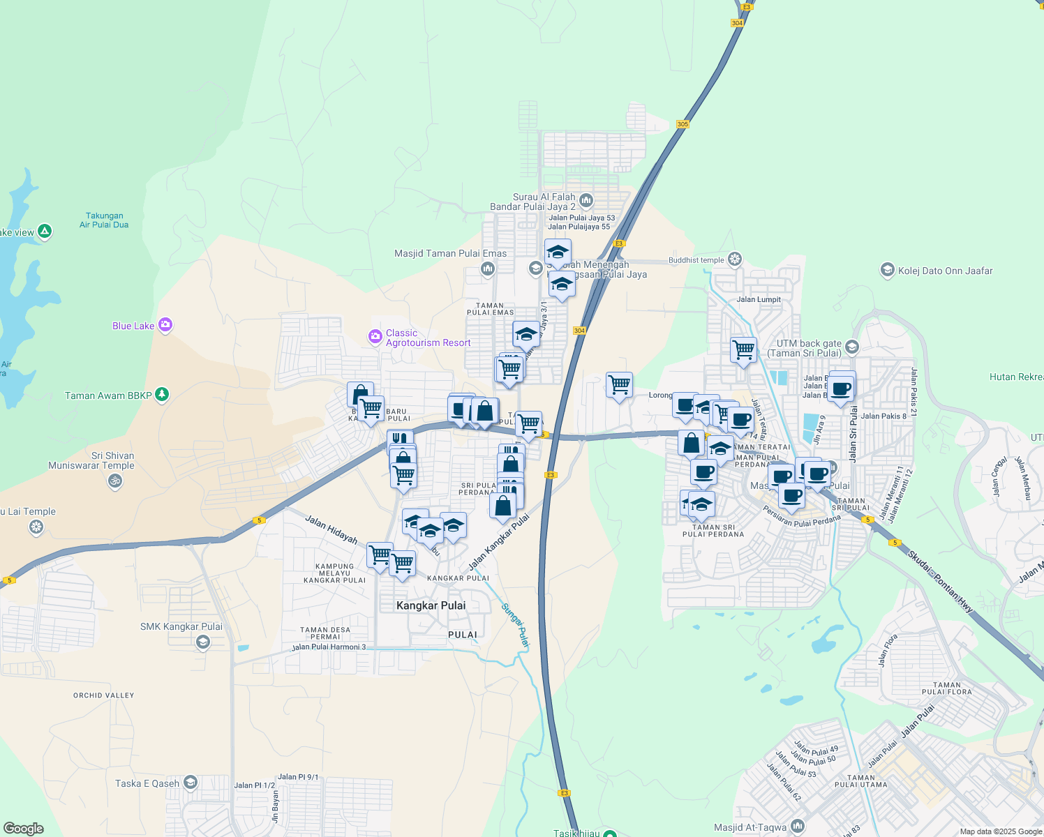 map of restaurants, bars, coffee shops, grocery stores, and more near in Johor Bahru