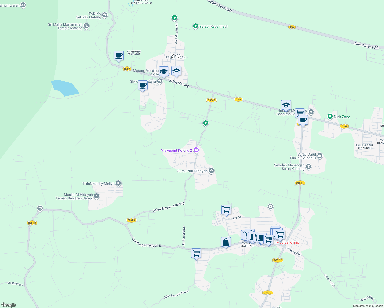 map of restaurants, bars, coffee shops, grocery stores, and more near Lorong Taman Sungai Tengah 1A in Kuching