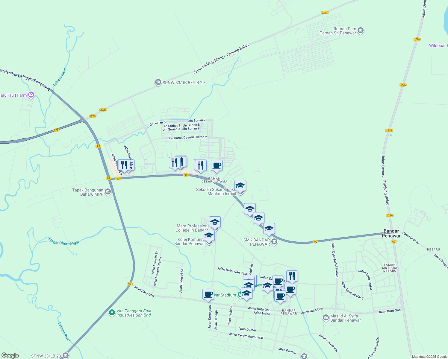 map of restaurants, bars, coffee shops, grocery stores, and more near Jalan Semarak 4 in Bandar Penawar