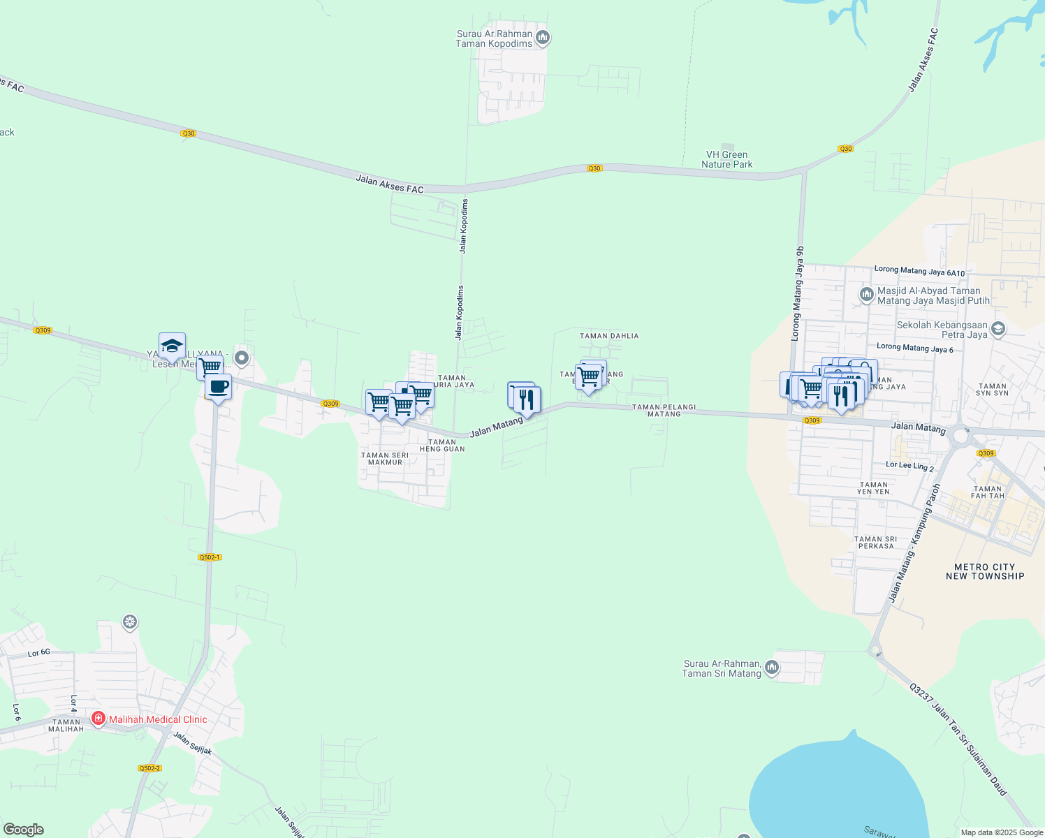 map of restaurants, bars, coffee shops, grocery stores, and more near Jalan Matang in Kuching