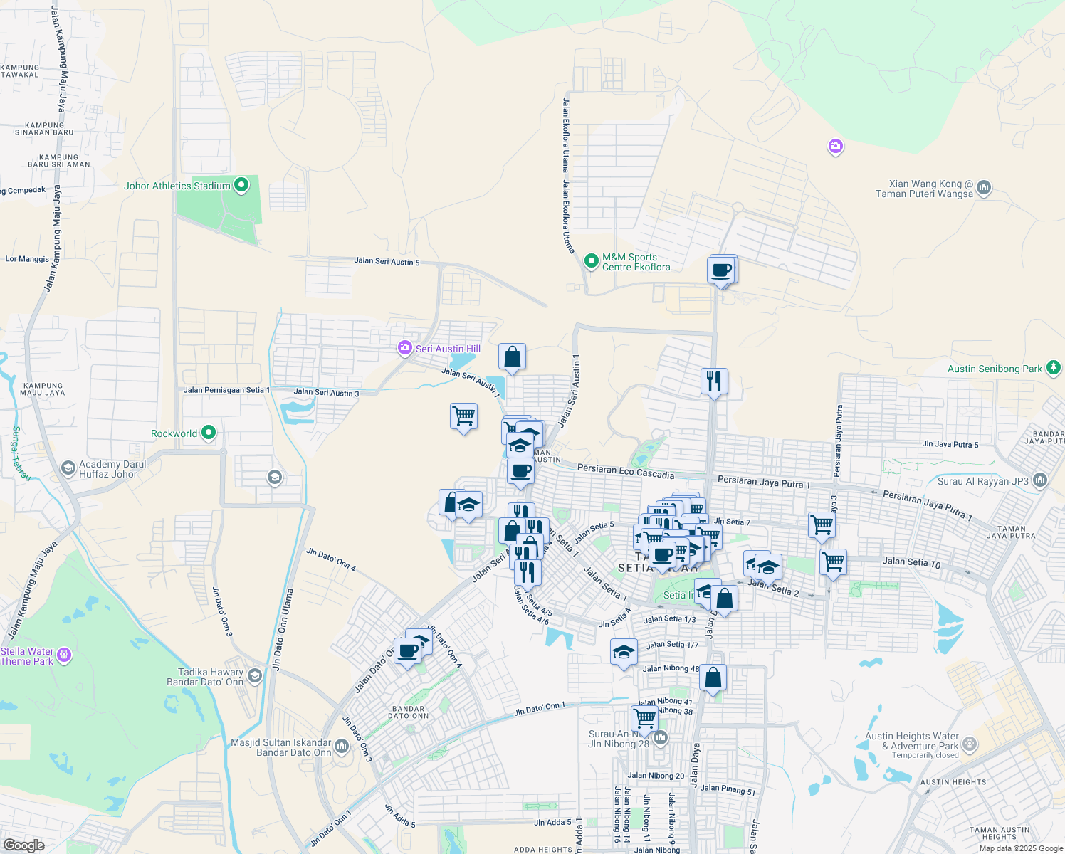 map of restaurants, bars, coffee shops, grocery stores, and more near Jalan Seri Austin 6/7 in Johor Bahru
