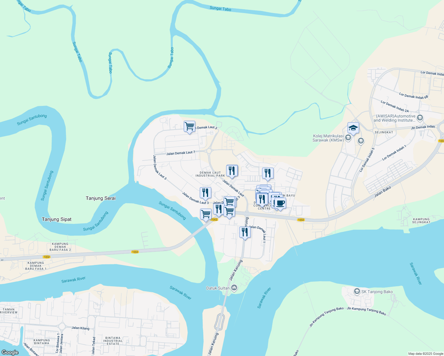 map of restaurants, bars, coffee shops, grocery stores, and more near Jalan Demak Laut in Kuching
