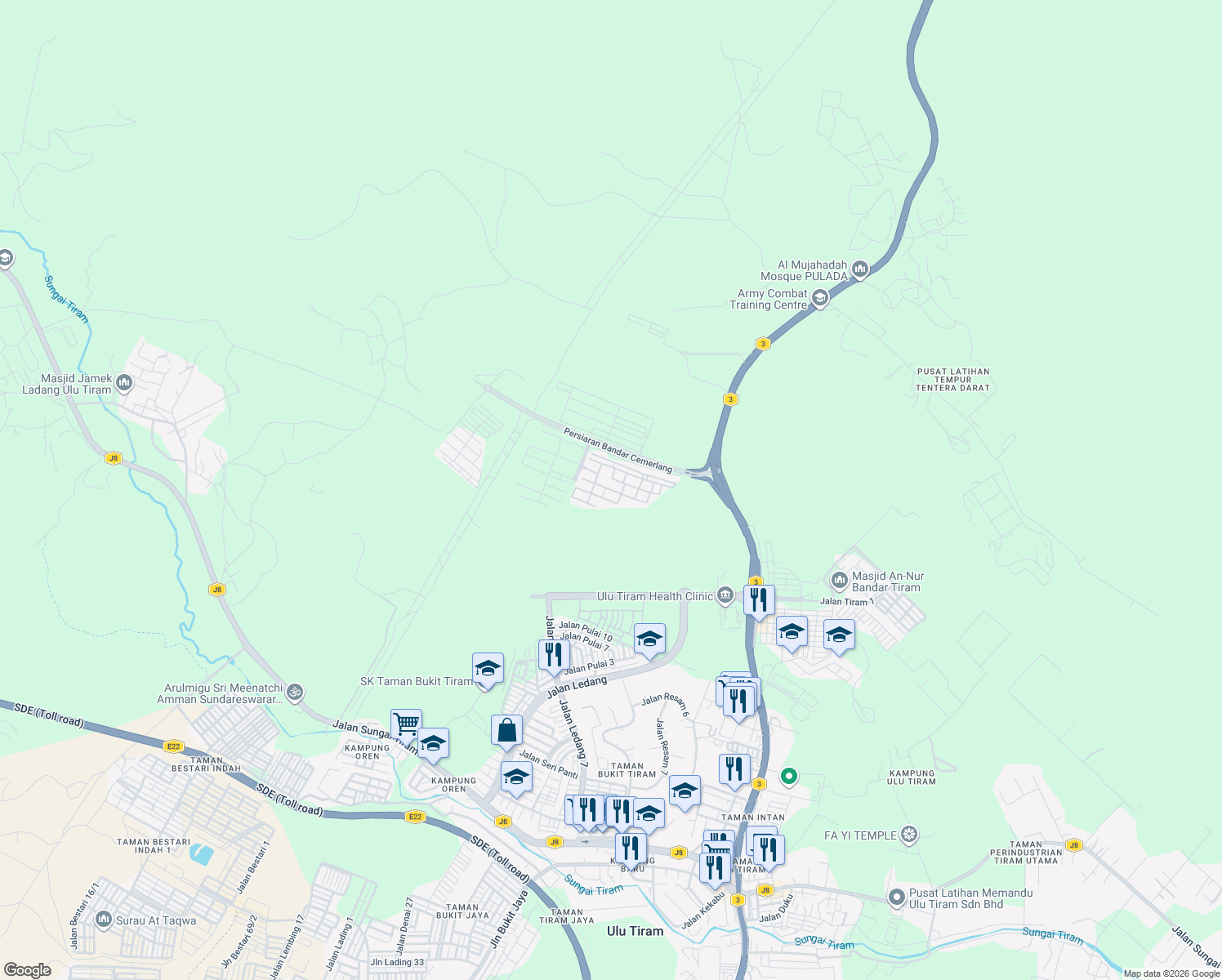 map of restaurants, bars, coffee shops, grocery stores, and more near Jalan Bandar Cemerlang 1/4 in Ulu Tiram