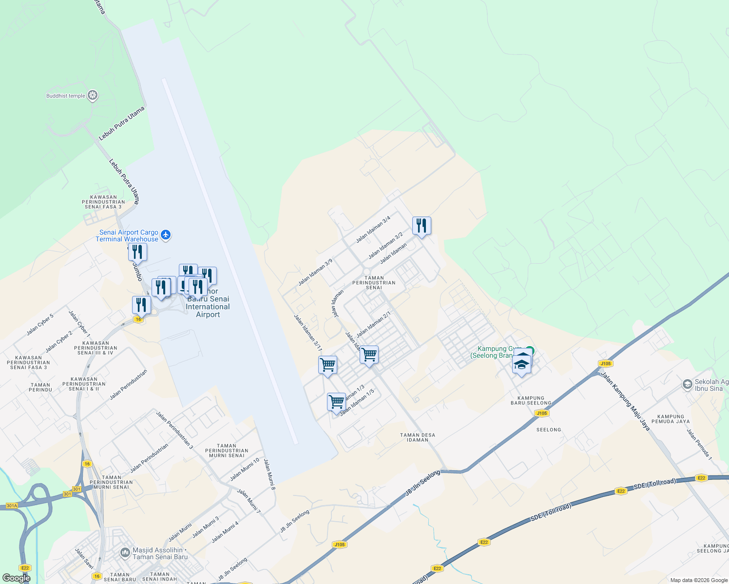 map of restaurants, bars, coffee shops, grocery stores, and more near Jalan Idaman 2/8 in Senai