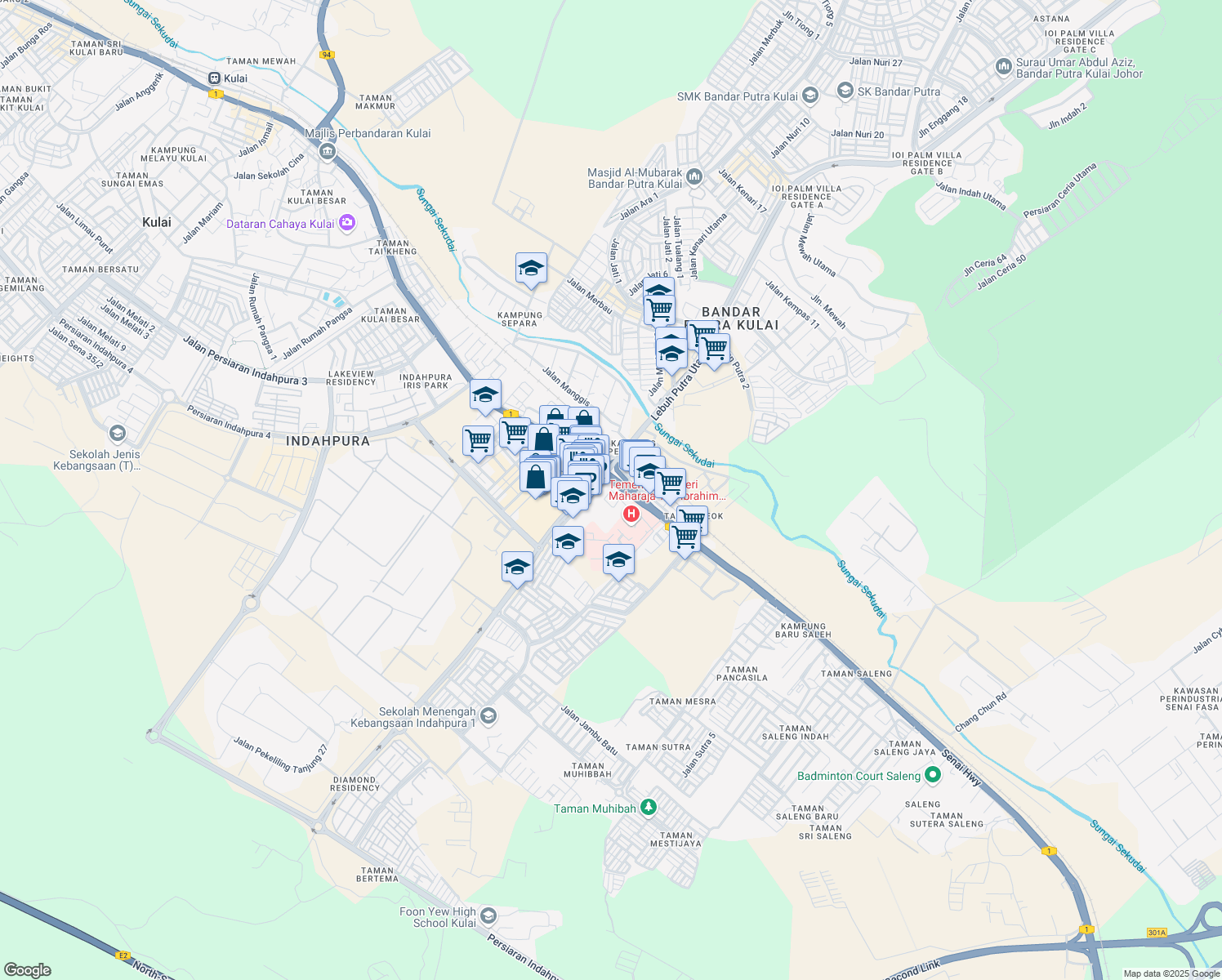 map of restaurants, bars, coffee shops, grocery stores, and more near Jalan Ayer Hitam in Kulai
