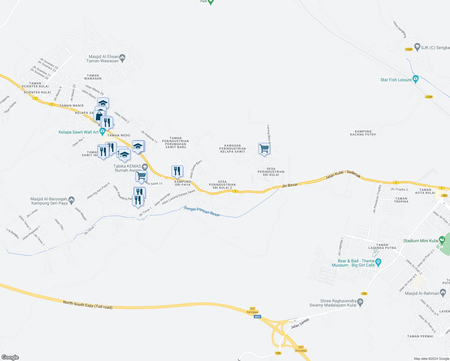 map of restaurants, bars, coffee shops, grocery stores, and more near Jalan Ayer Hitam in Kulai