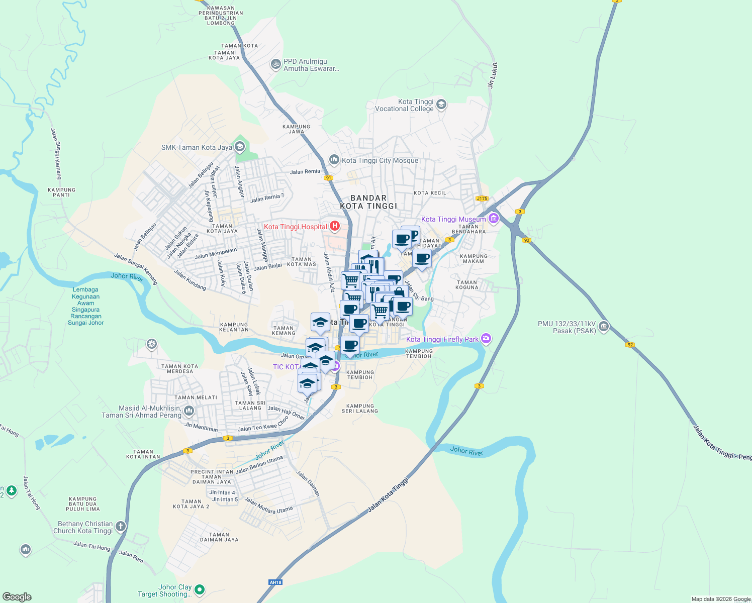 map of restaurants, bars, coffee shops, grocery stores, and more near Jalan Niaga 1 in Kota Tinggi