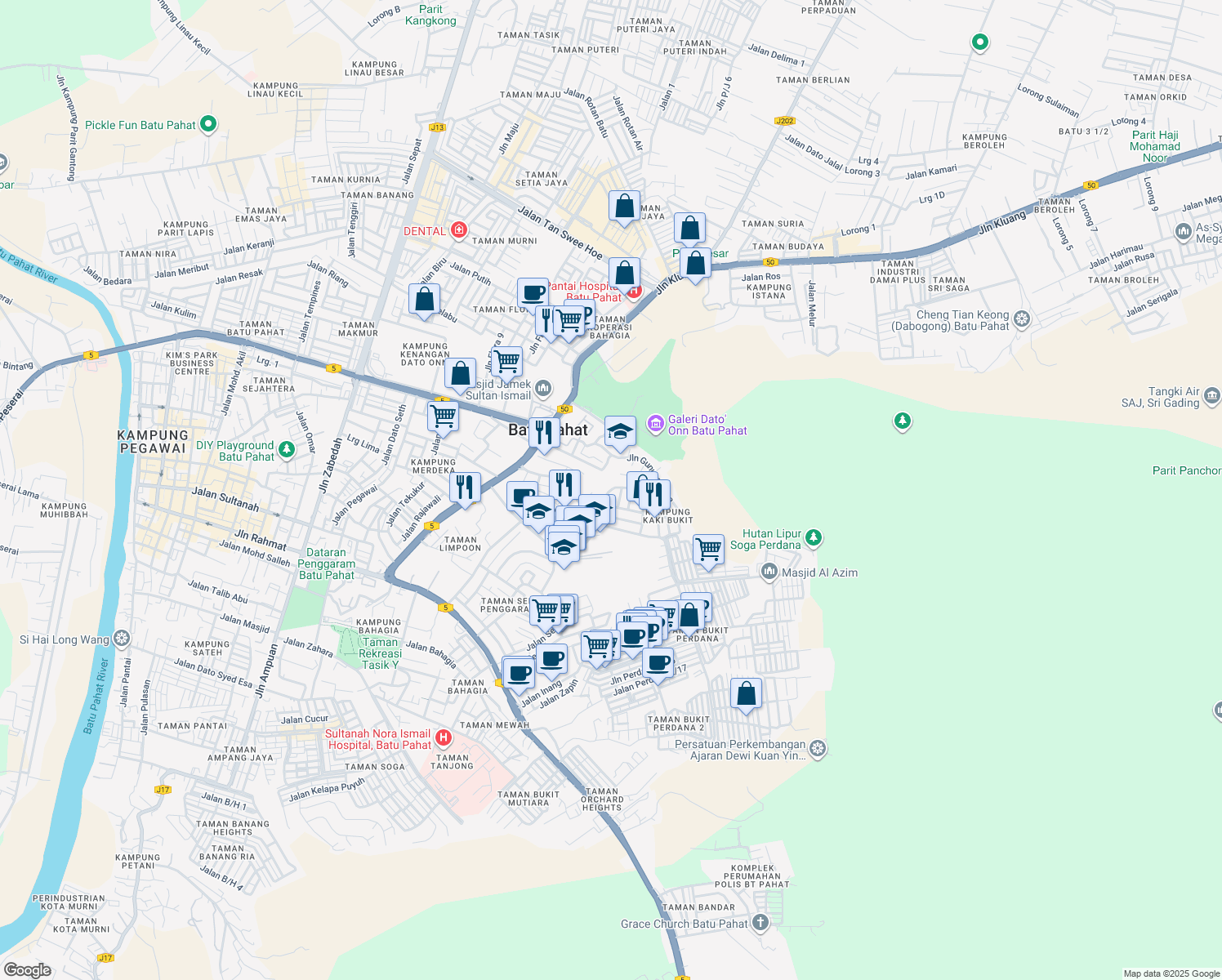 map of restaurants, bars, coffee shops, grocery stores, and more near Jalan Kiambang in Batu Pahat