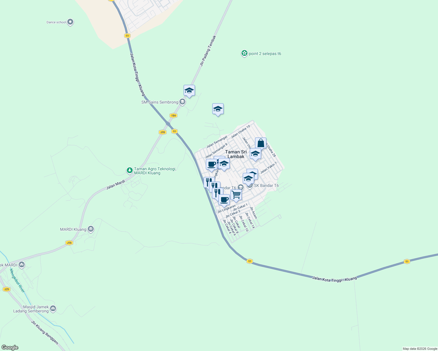 map of restaurants, bars, coffee shops, grocery stores, and more near in Kluang