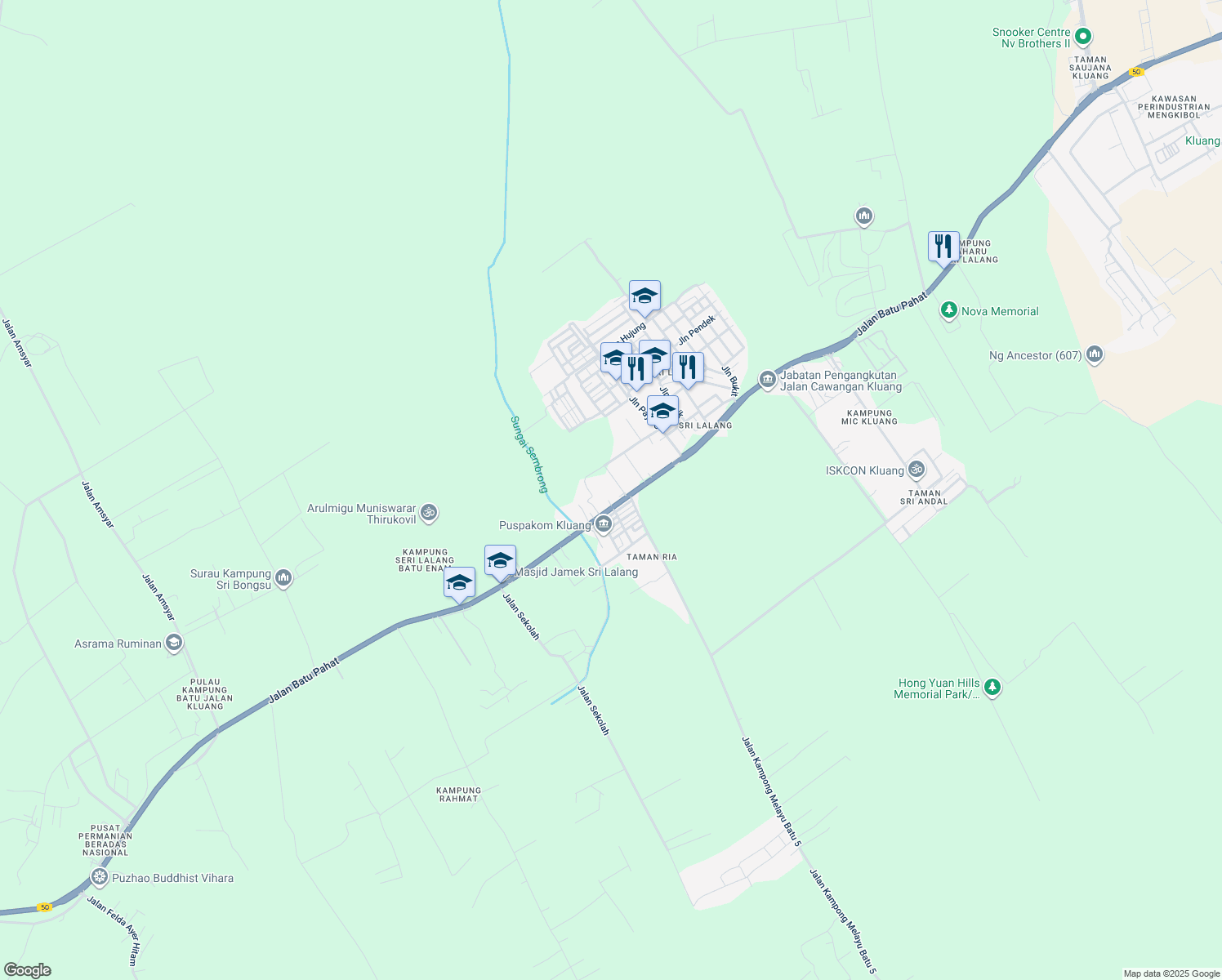 map of restaurants, bars, coffee shops, grocery stores, and more near No. 104 Jalan Sekolah in Kluang