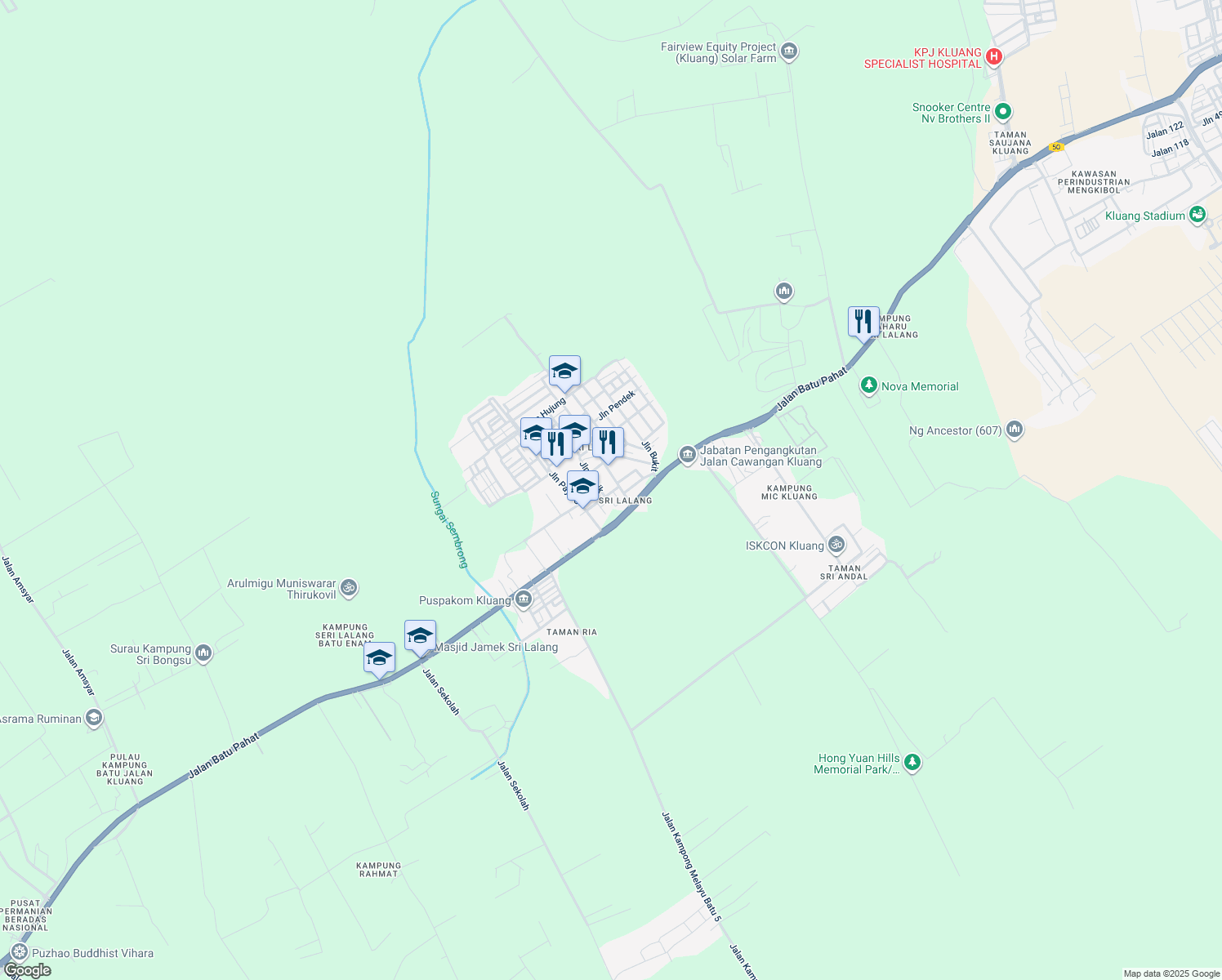 map of restaurants, bars, coffee shops, grocery stores, and more near No. 104 Jalan Sekolah in Kluang