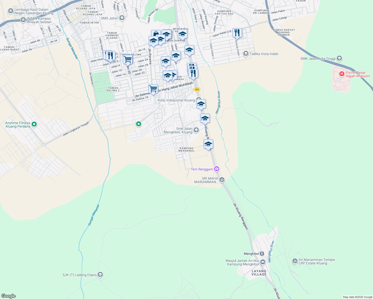 map of restaurants, bars, coffee shops, grocery stores, and more near in Kluang