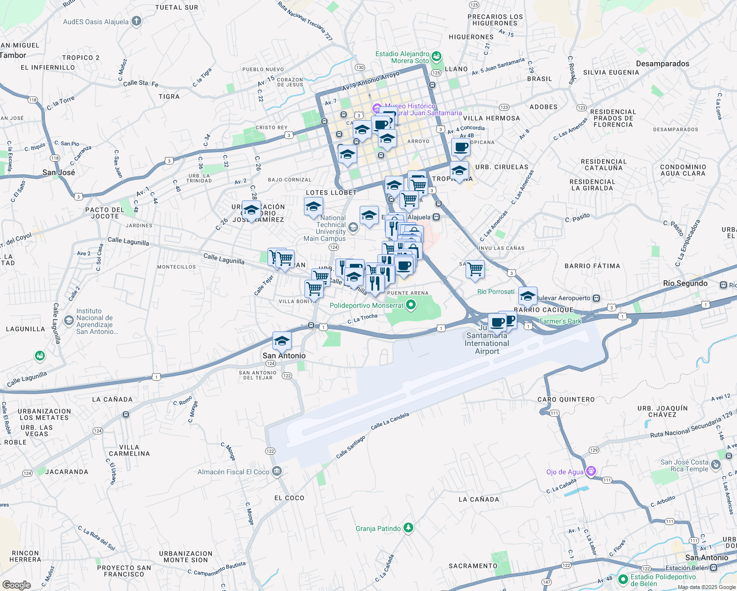 map of restaurants, bars, coffee shops, grocery stores, and more near in Alajuela