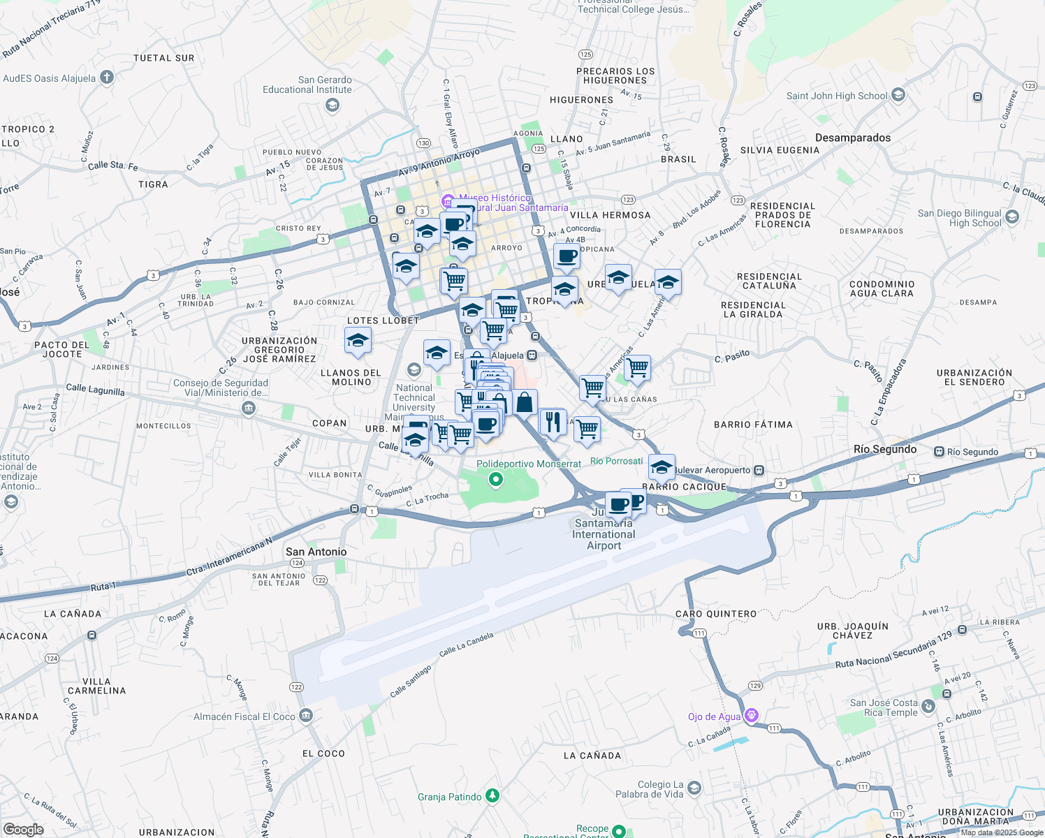 map of restaurants, bars, coffee shops, grocery stores, and more near Radial Francisco J. Orlich in Alajuela