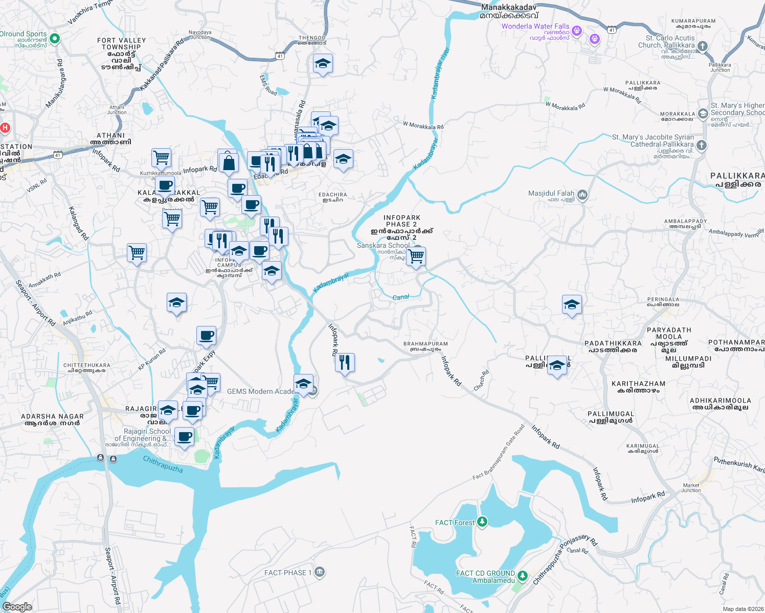 map of restaurants, bars, coffee shops, grocery stores, and more near in Kakkanad