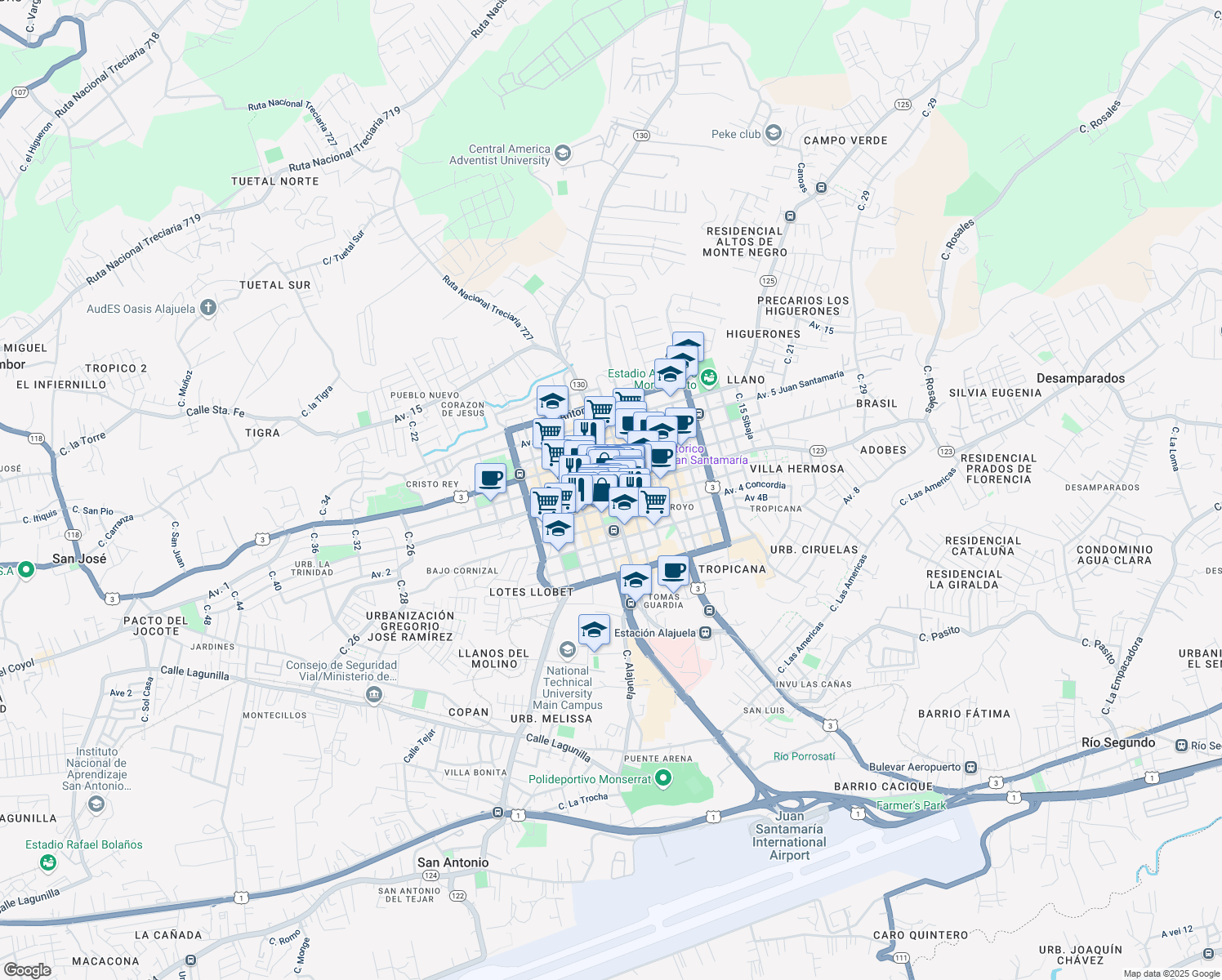 map of restaurants, bars, coffee shops, grocery stores, and more near in Alajuela