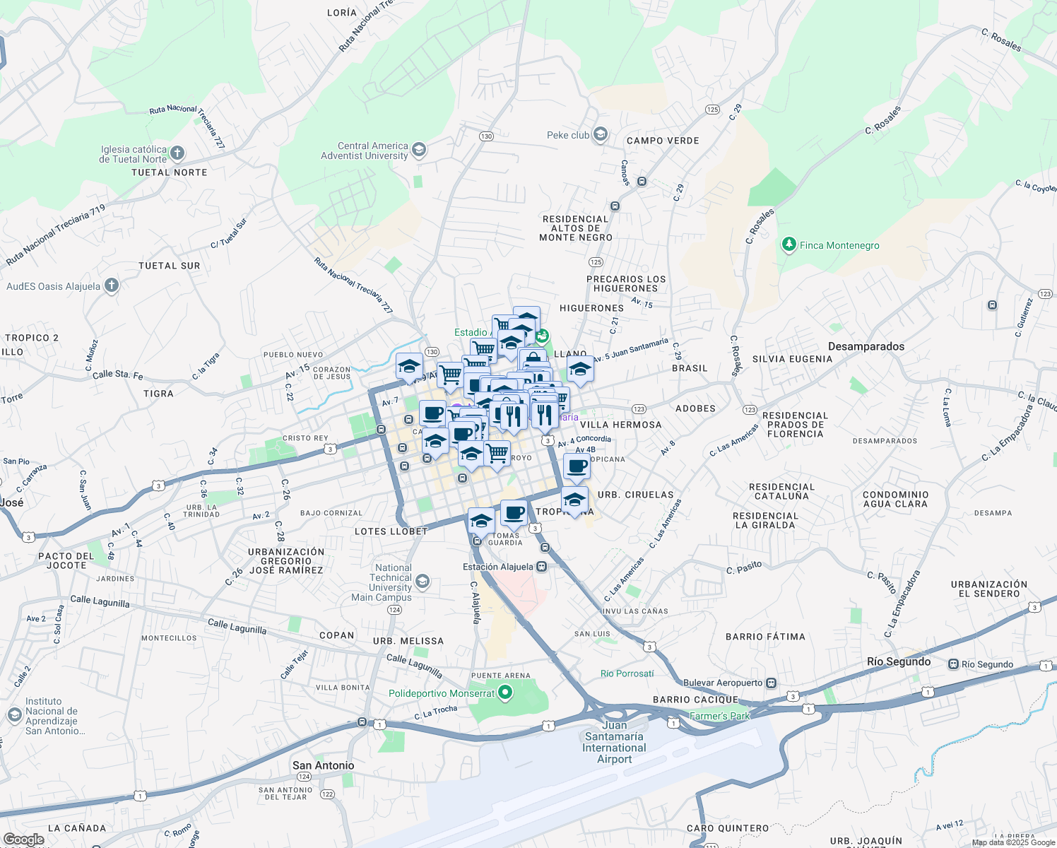 map of restaurants, bars, coffee shops, grocery stores, and more near Calle 7 in Alajuela