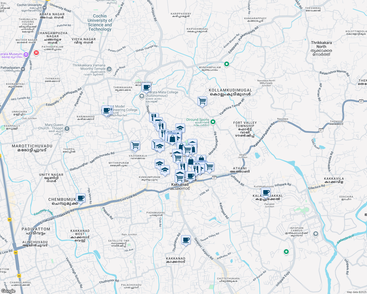 map of restaurants, bars, coffee shops, grocery stores, and more near in Kakkanad
