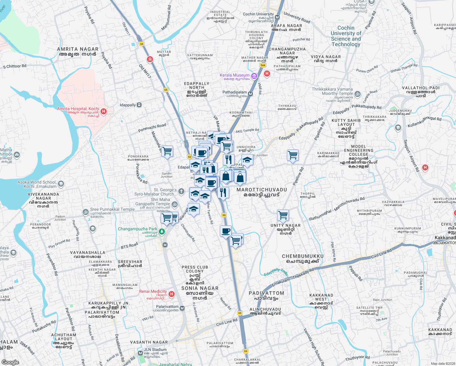 map of restaurants, bars, coffee shops, grocery stores, and more near Thoppil Family Lane in Ernakulam
