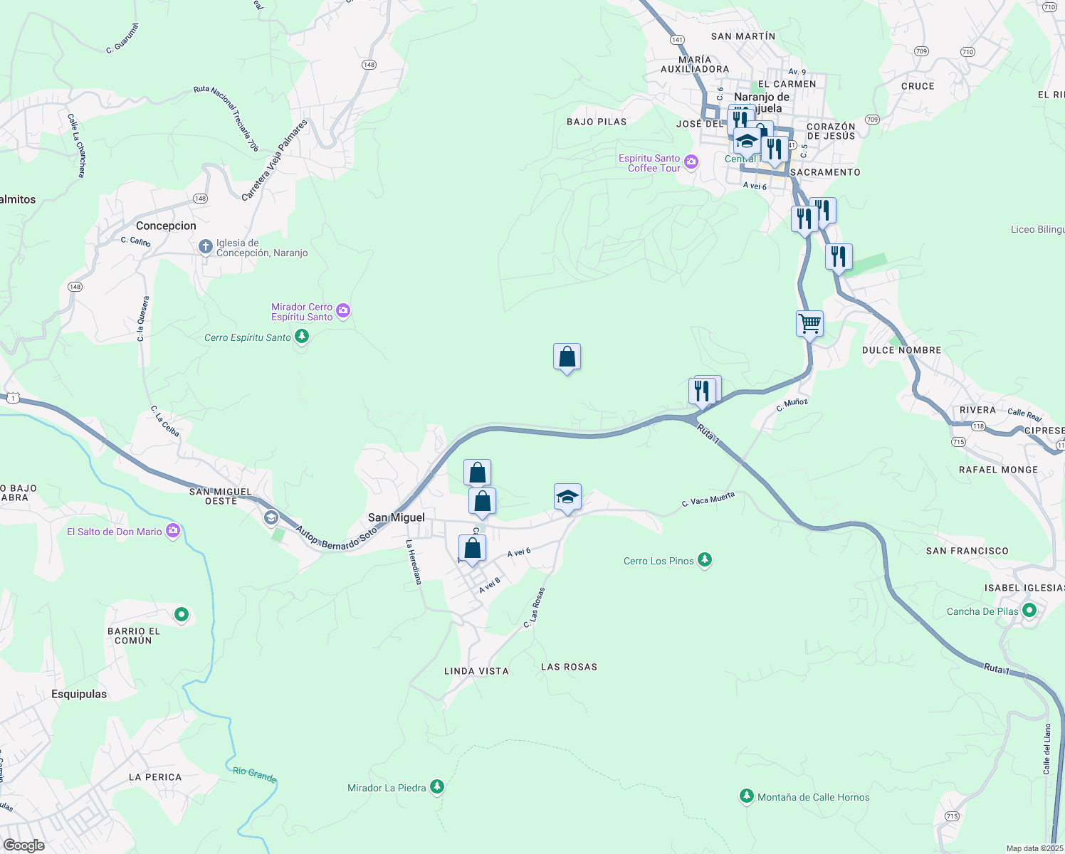 map of restaurants, bars, coffee shops, grocery stores, and more near Calle Hidalgo in Naranjo
