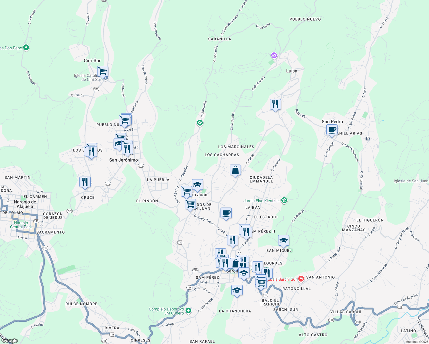 map of restaurants, bars, coffee shops, grocery stores, and more near Calle Bambu in Sarchi