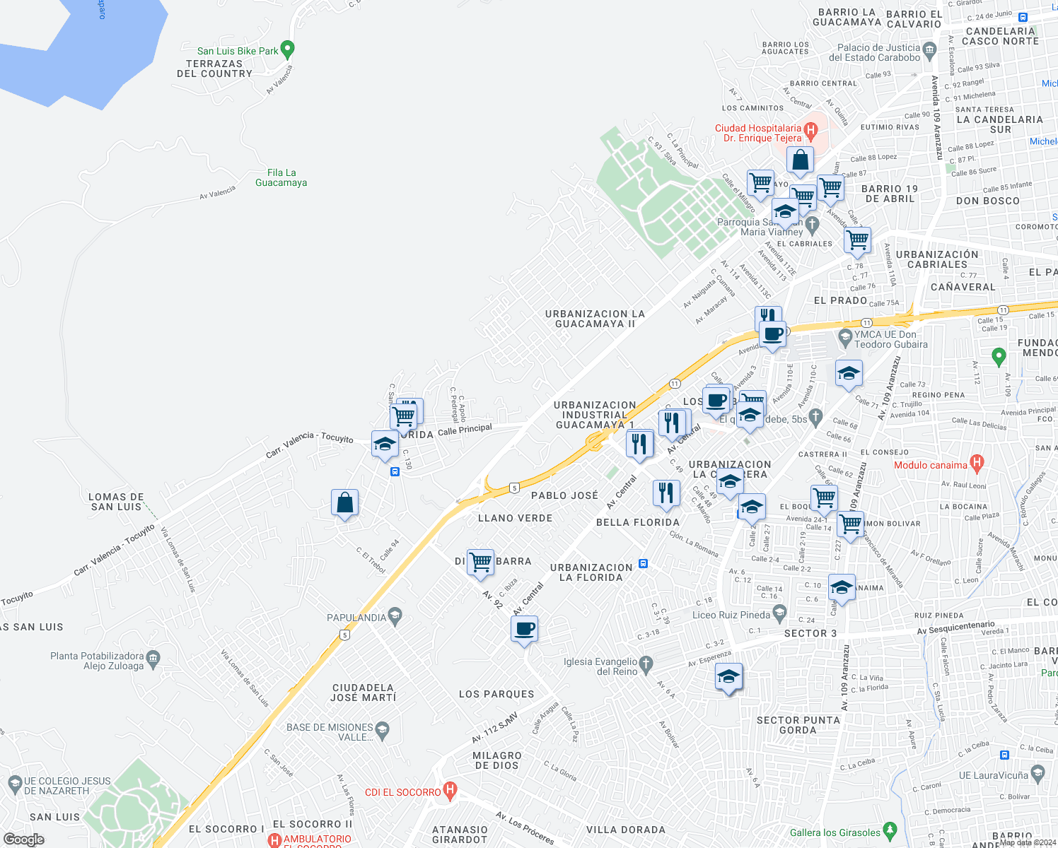 map of restaurants, bars, coffee shops, grocery stores, and more near Av. 93 Lisandro Alvarado in Valencia