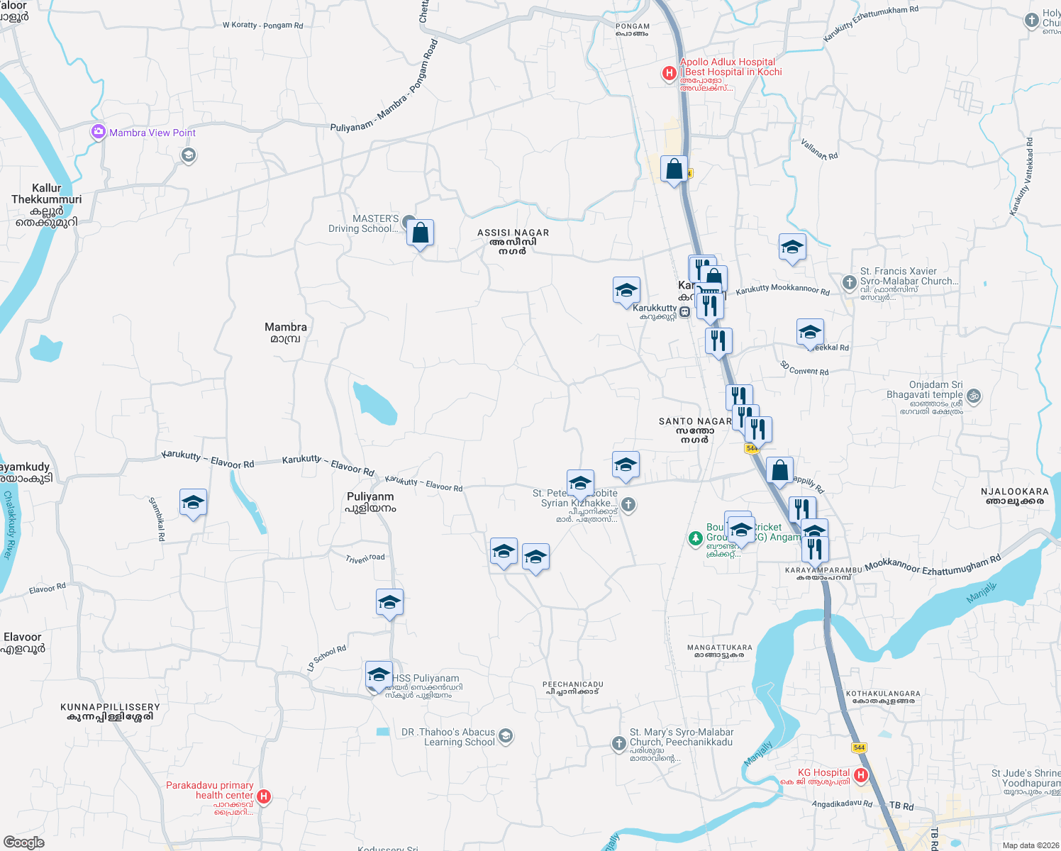 map of restaurants, bars, coffee shops, grocery stores, and more near Puliyanam Road in Angamaly