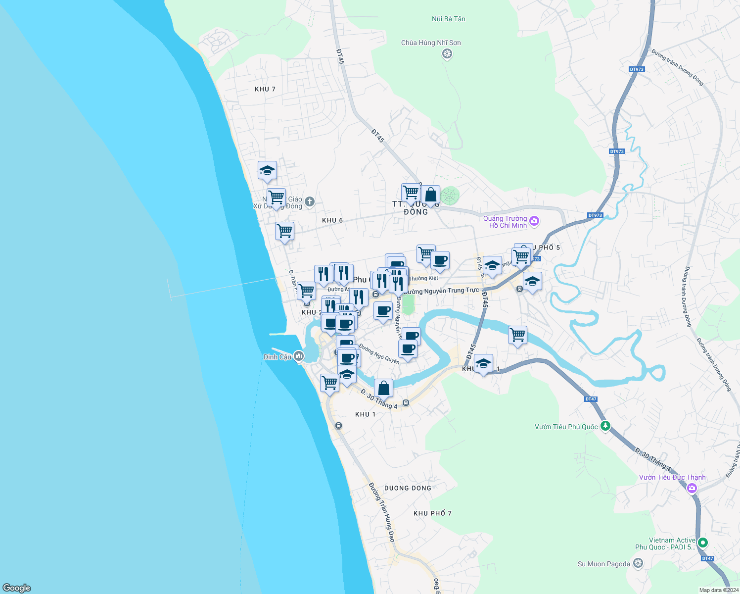 map of restaurants, bars, coffee shops, grocery stores, and more near in Phu Quoc