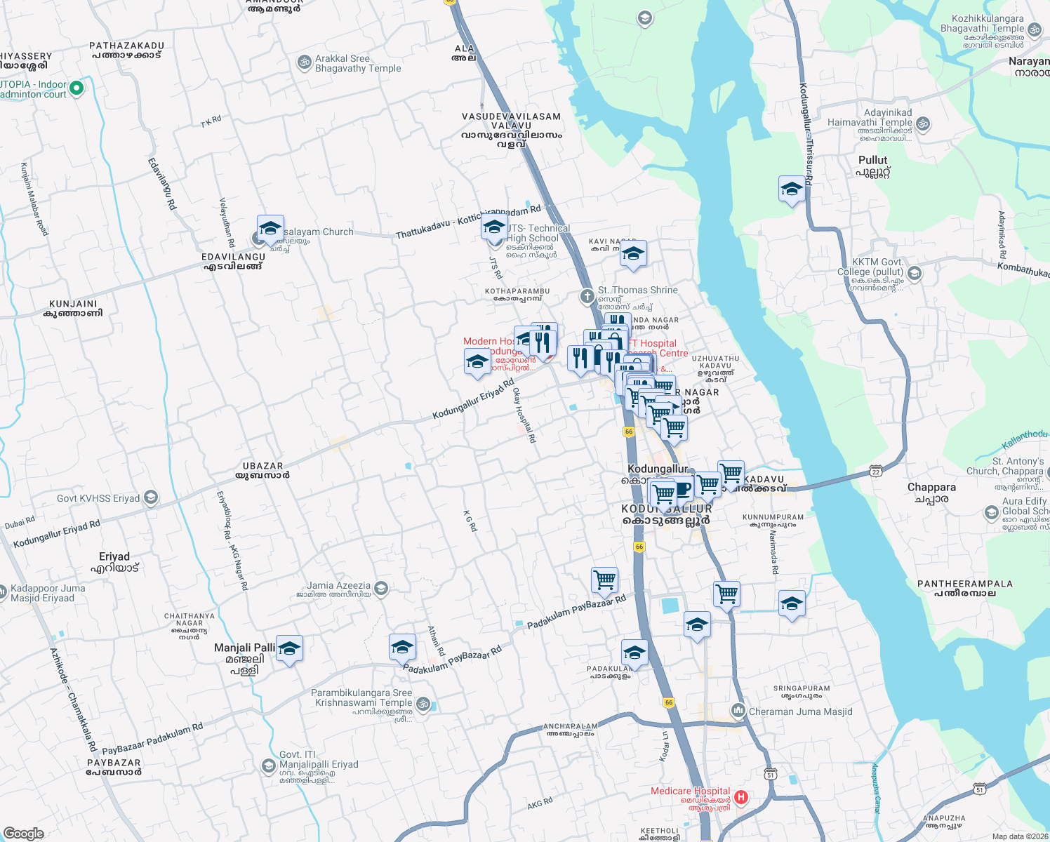 map of restaurants, bars, coffee shops, grocery stores, and more near Okay Hospital Road in Kodungallur