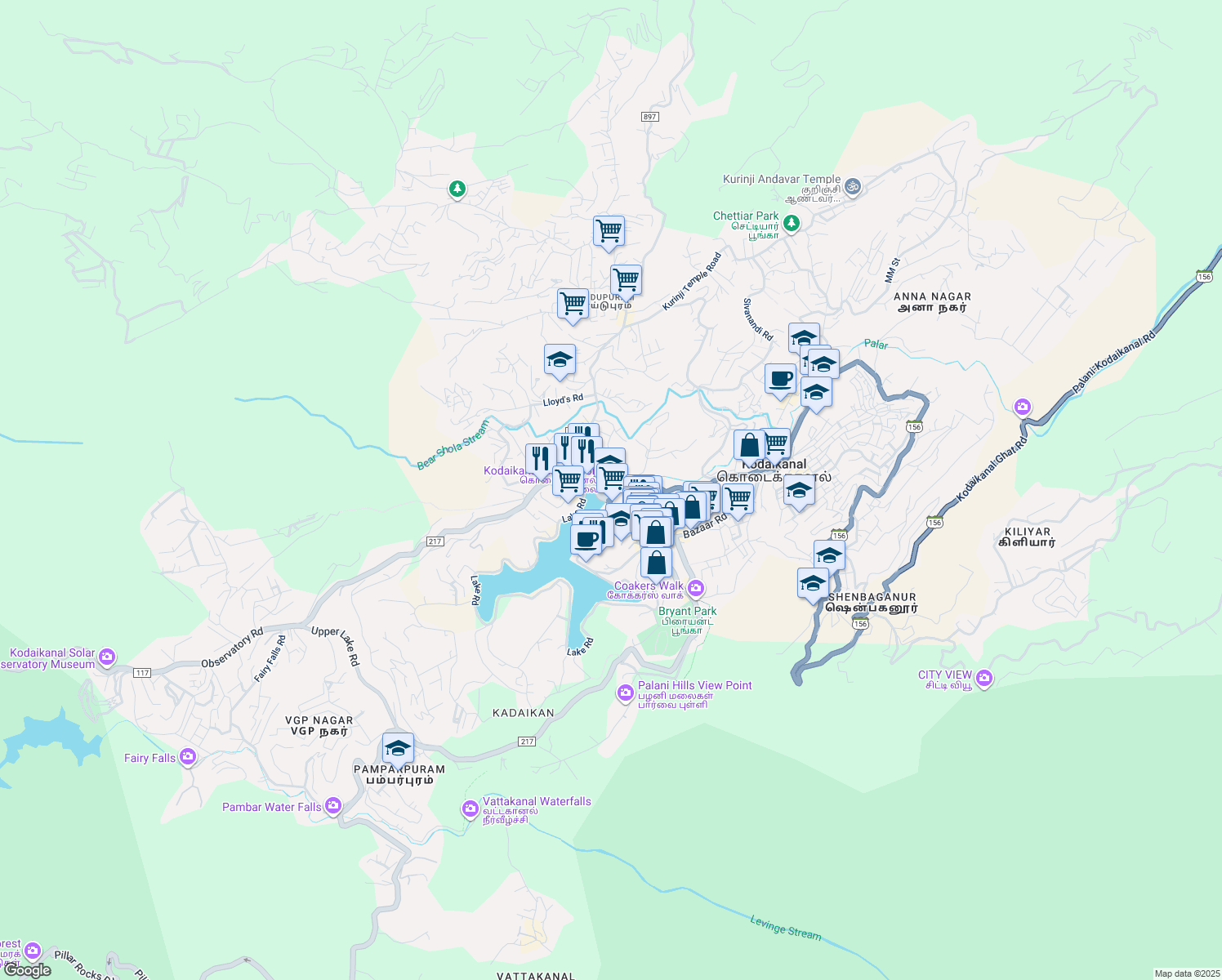 map of restaurants, bars, coffee shops, grocery stores, and more near in Kodaikanal