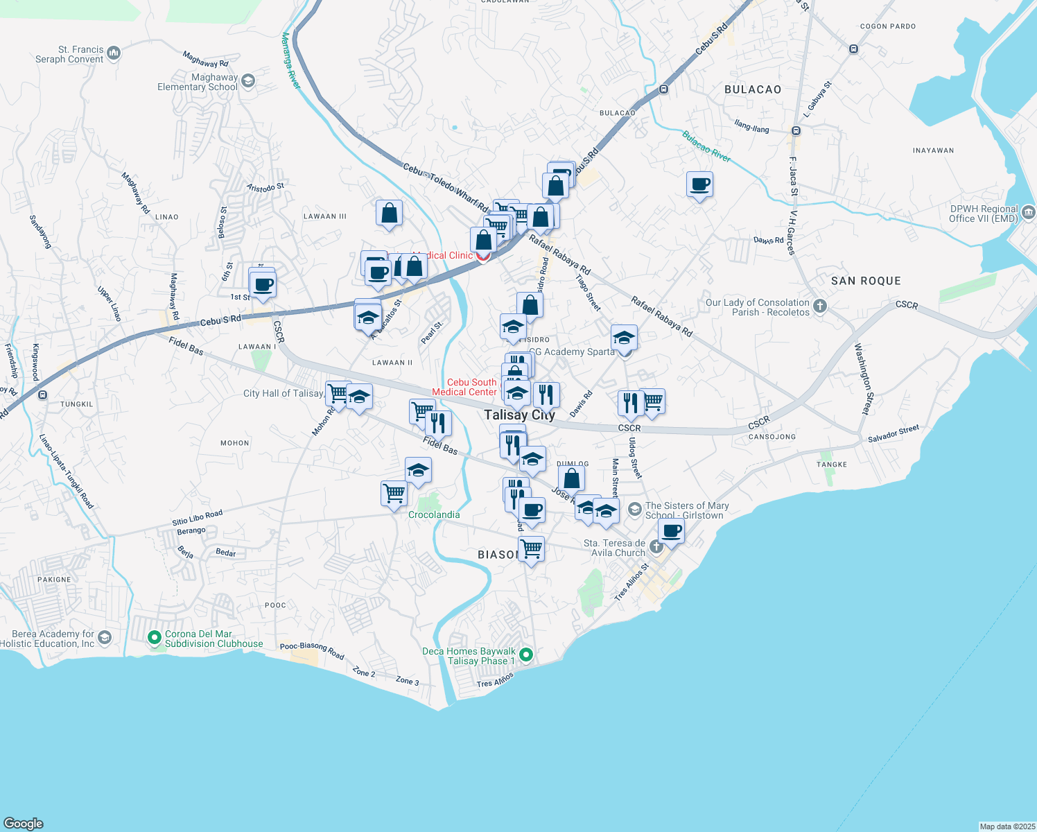 map of restaurants, bars, coffee shops, grocery stores, and more near San Isidro Rd in Talisay City