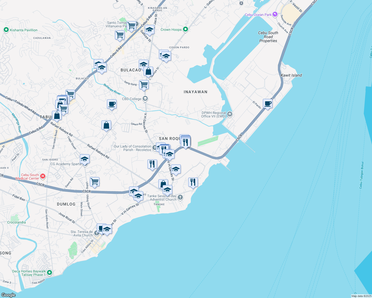 map of restaurants, bars, coffee shops, grocery stores, and more near 5 Cebu South Coastal Road in Talisay City
