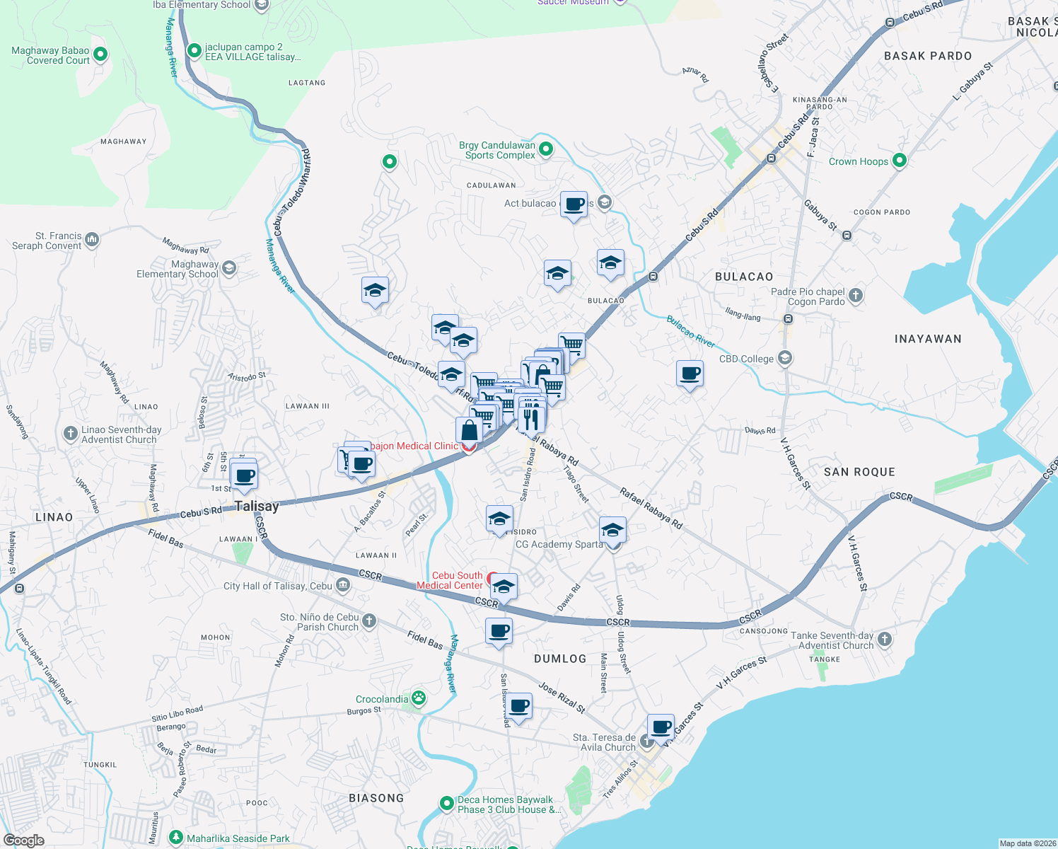 map of restaurants, bars, coffee shops, grocery stores, and more near Rafael Rabaya Road in Talisay City