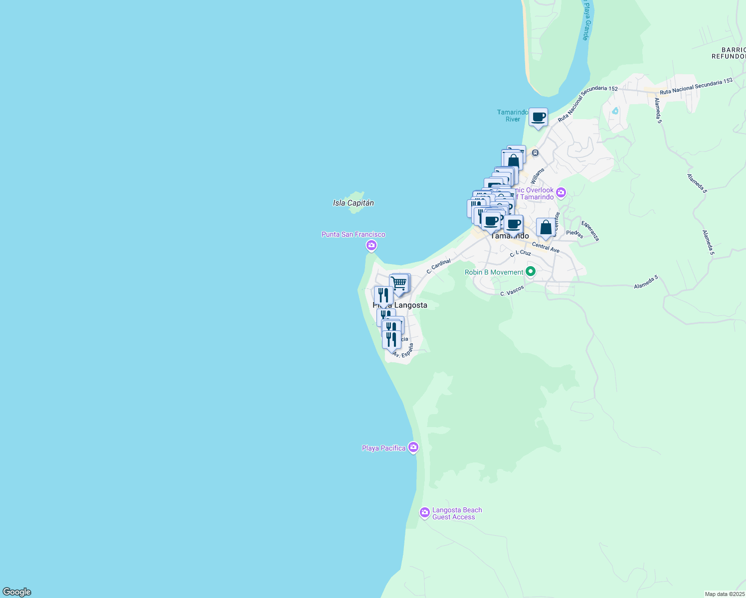 map of restaurants, bars, coffee shops, grocery stores, and more near Calle Guapinol in Playa Langosta