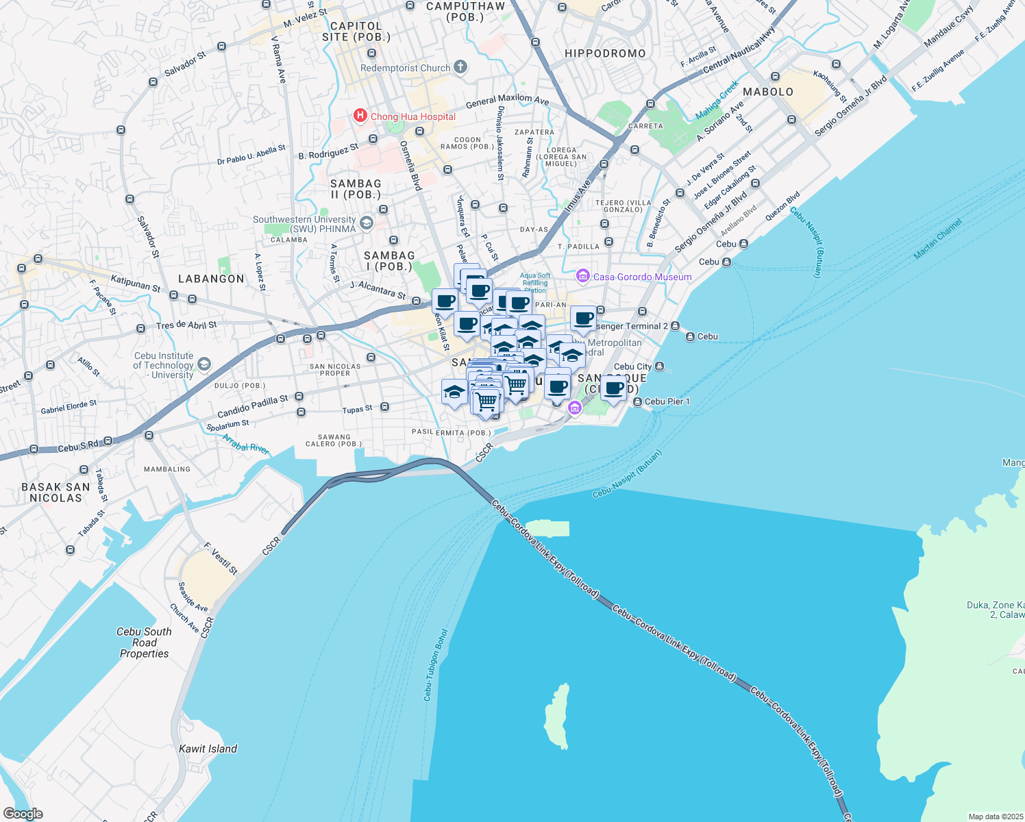 map of restaurants, bars, coffee shops, grocery stores, and more near M. C. Briones Street in Cebu City