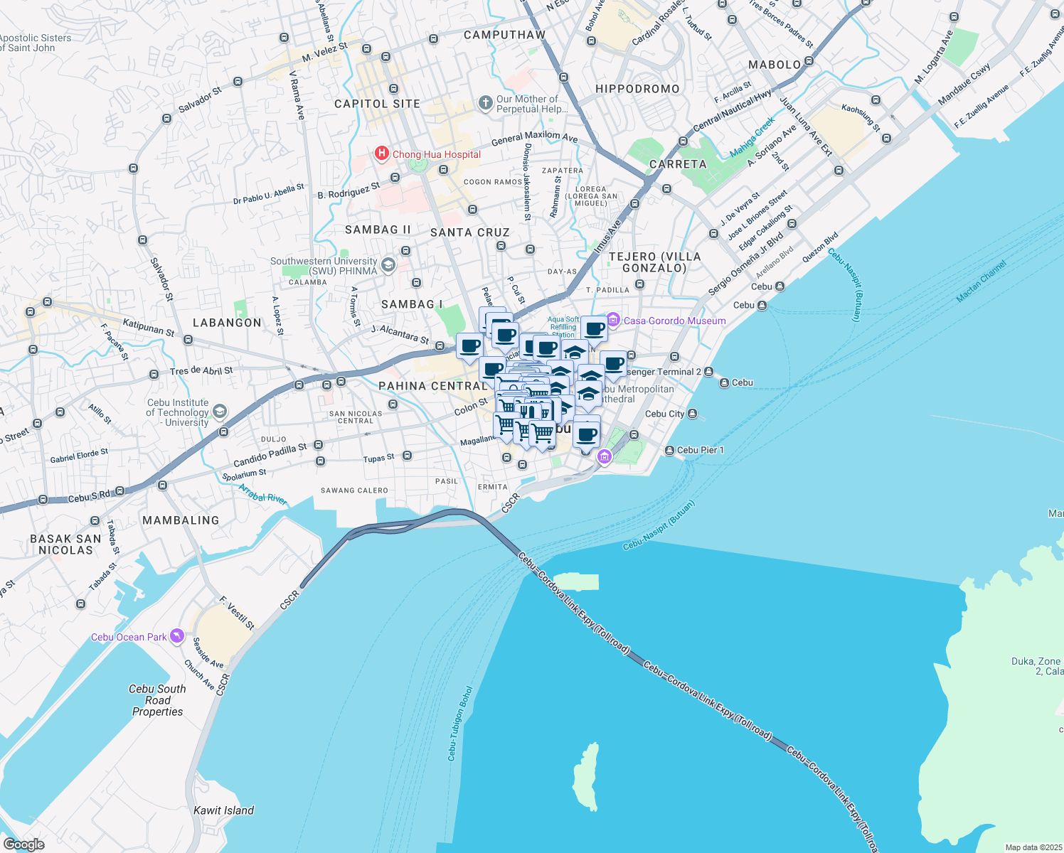 map of restaurants, bars, coffee shops, grocery stores, and more near Plaridel Street in Cebu City