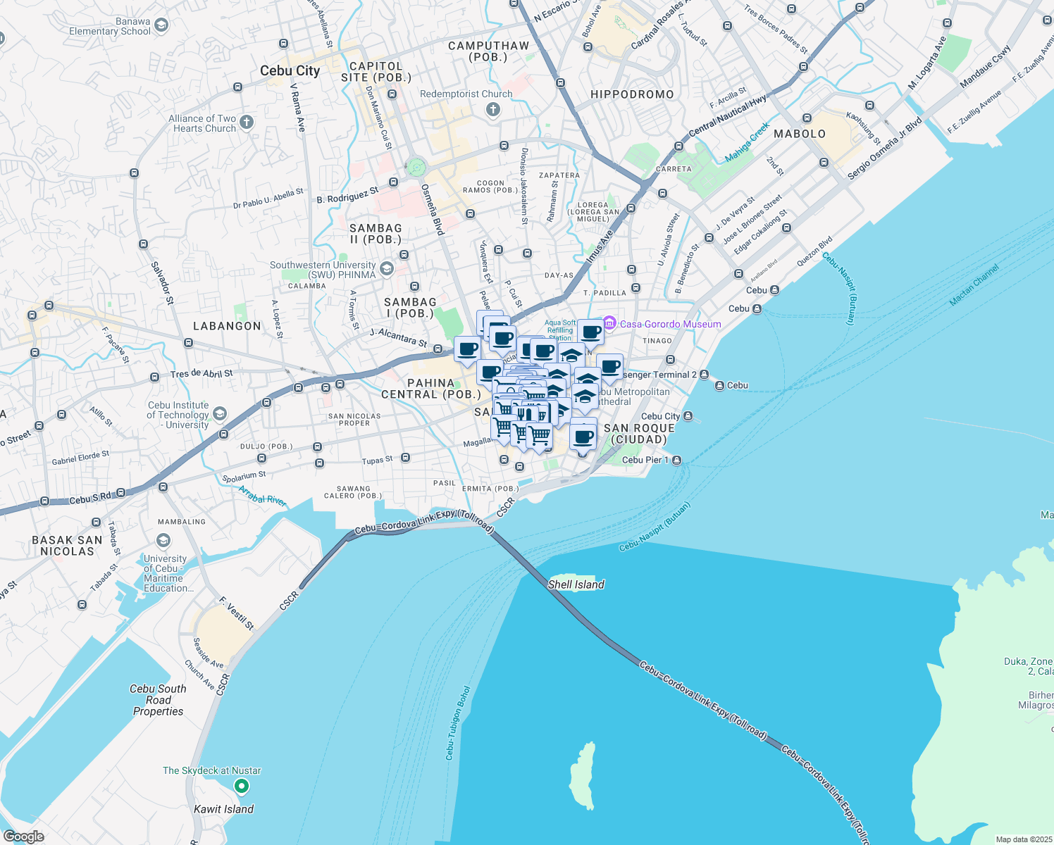 map of restaurants, bars, coffee shops, grocery stores, and more near 104 Plaridel Street in Cebu City